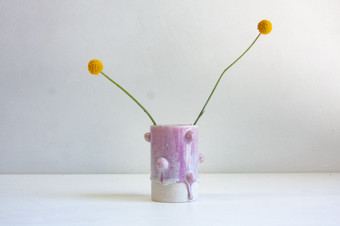 handmade ceramic purple vase with decorative balls