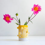 handmade ceramic yellow cylinder vase decorated with clay balls
