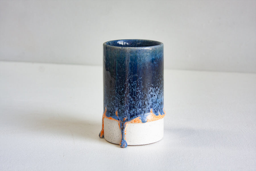 Seconds Sale Handmade Ceramic Small Cylinder Vase - Dark Blue & Peach