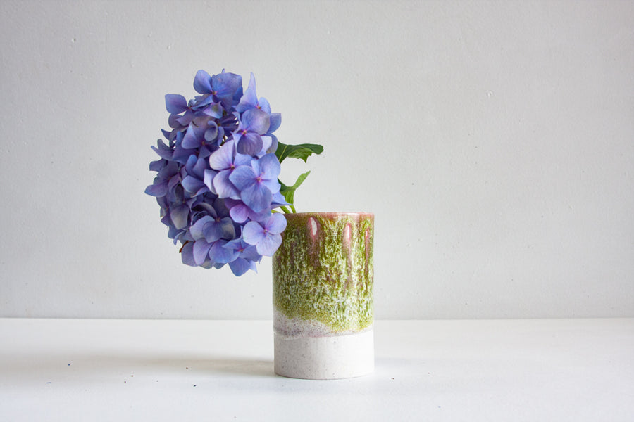 handmade ceramic small green and pink vase