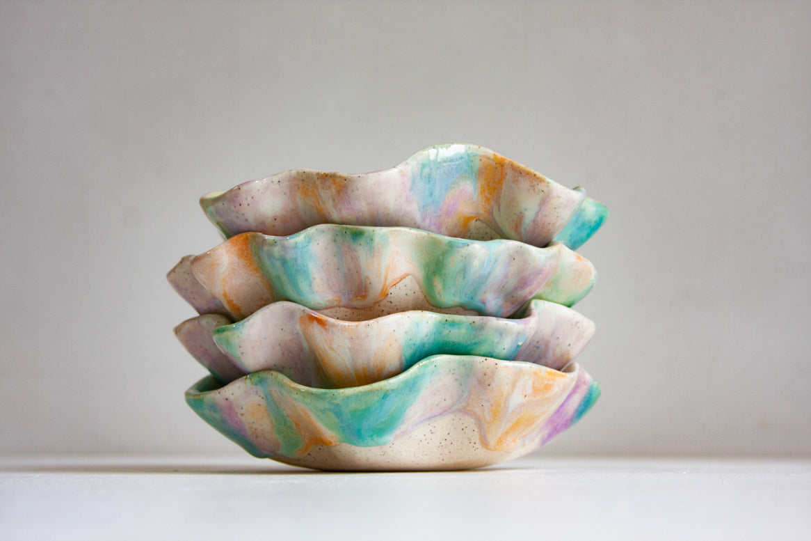 Handmade ceramic oyster green, purple and peach plate