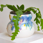 handmade ceramic planter glazed in blue, yellow, green