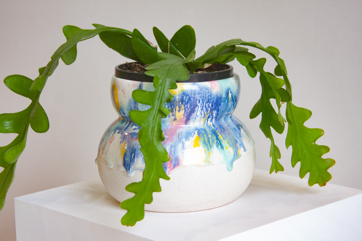 handmade ceramic planter glazed in blue, yellow, green