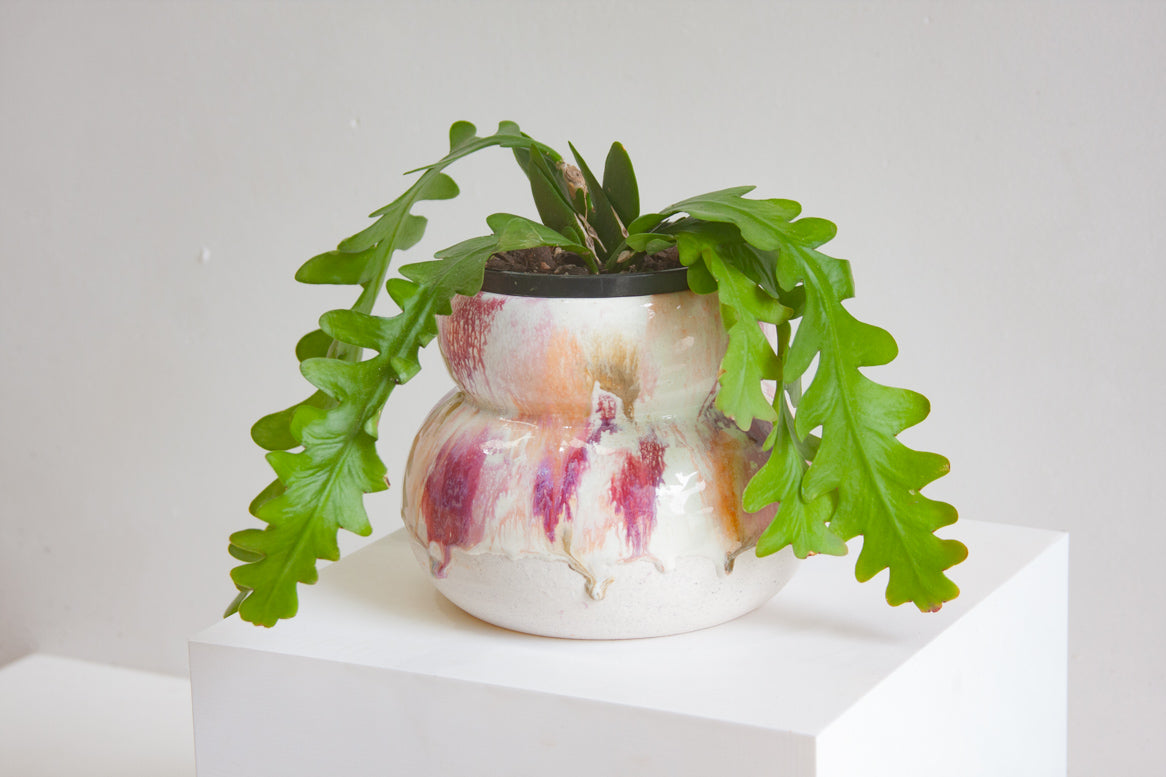 handmade ceramic planter glazed in pink, peach, brown and white