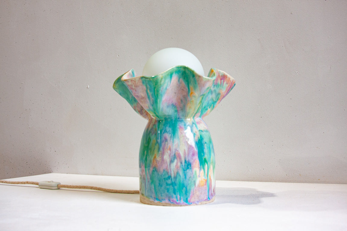 handmade ceramic blue, green, purple and peach table lamp