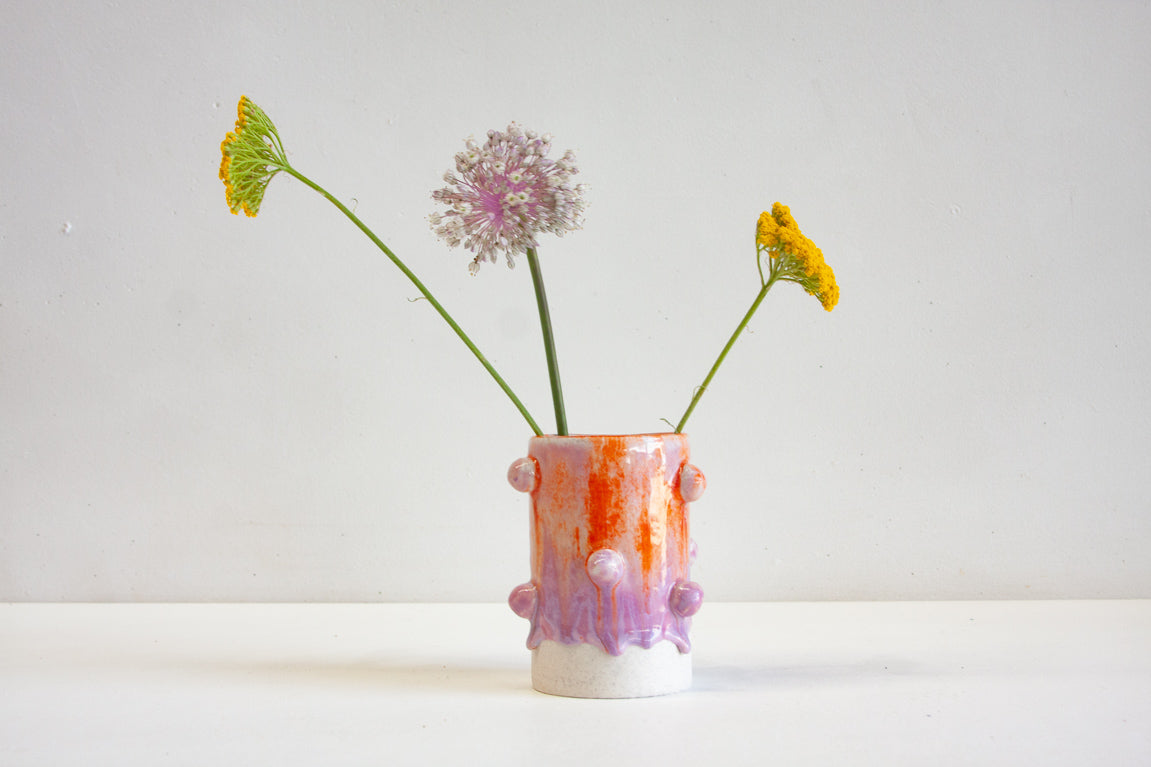 handmade ceramic purple and orange small cylinder vase with small decorative balls