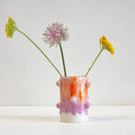 handmade ceramic purple and orange small cylinder vase with small decorative balls