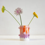 handmade ceramic purple and orange small cylinder vase with small decorative balls