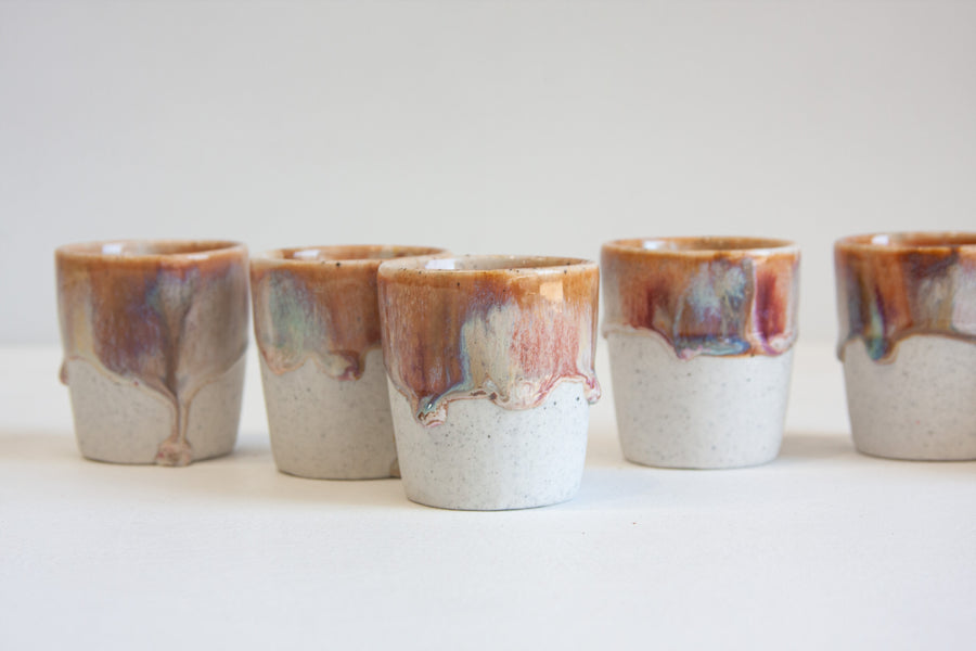 handmade ceramic brown, pink and blue espresso cup