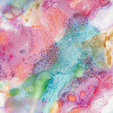 Extreme close-up of the interior glaze surface of a handmade ceramic deep plate showing swirling pink, teal, green, orange and amber paint-pour detail