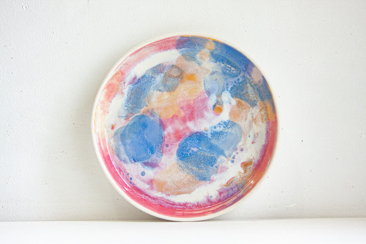 handmade ceramic pink, blue and peach deep plate