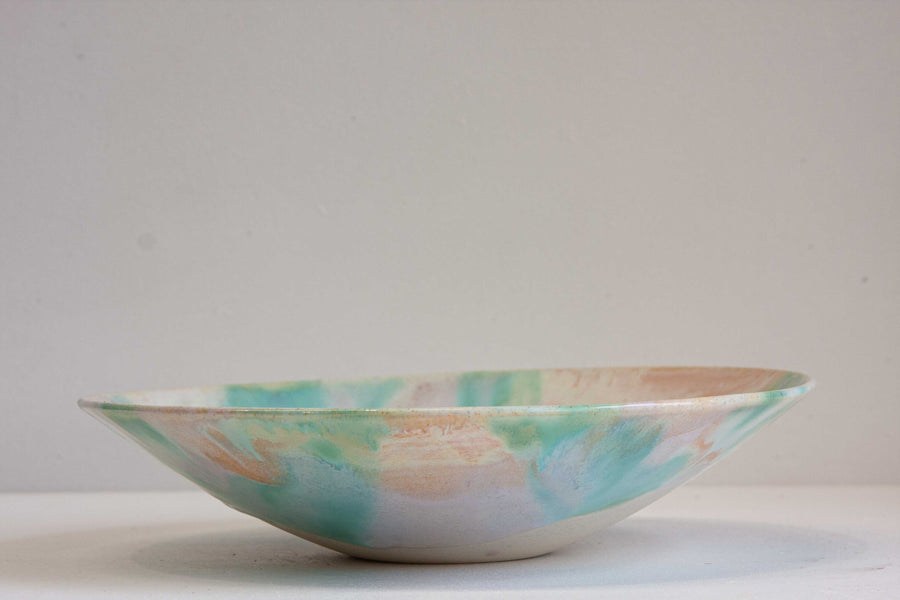 handmade ceramic blue, green, pink fruit bowl 