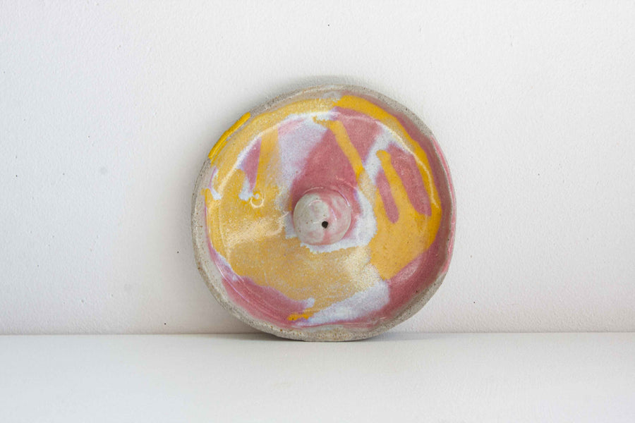 handmade ceramic pink, yellow and white incense holder