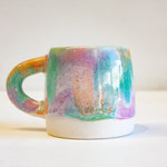 zoomed in handmade ceramic purple, green and peach large mug