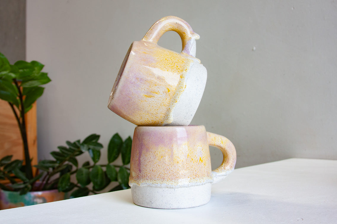 handmade ceramic large yellow and purple mug