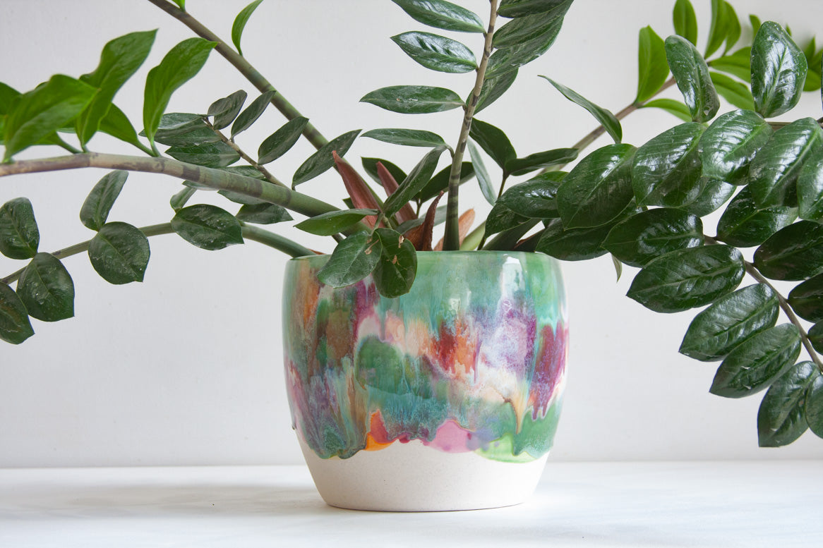 handmade ceramic green, pink, peach and  brown large planter