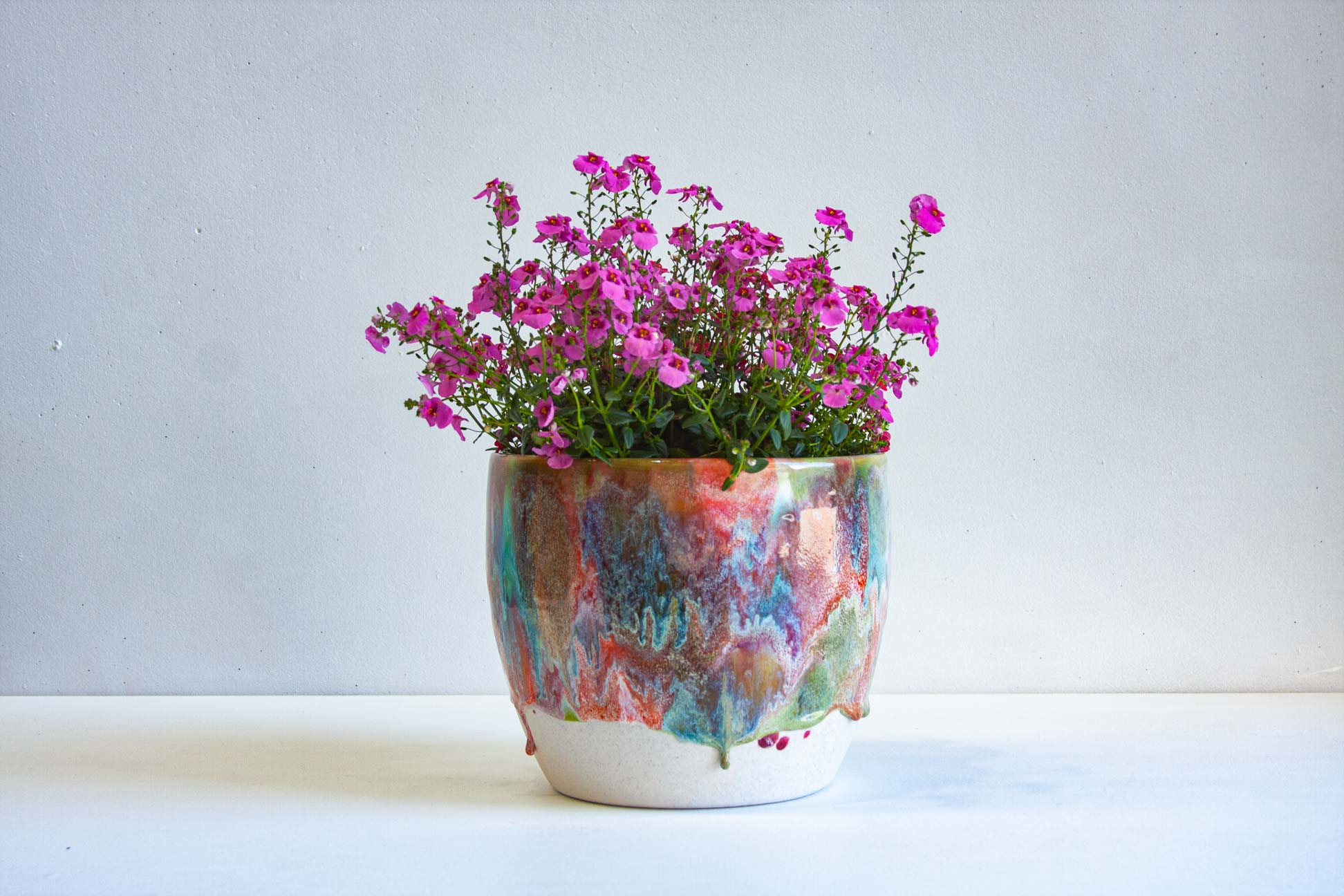 handmade ceramic blue, green, red, orange and brown large planter