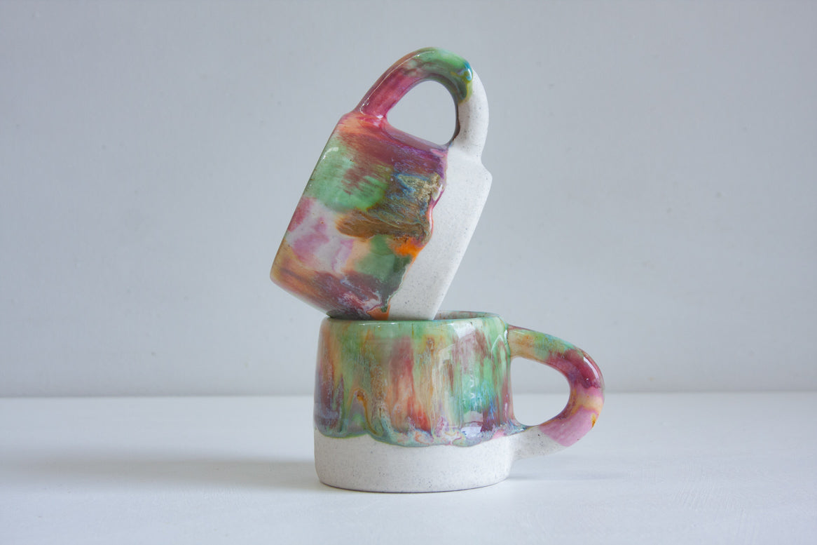 handmade ceramic pink, green, peach and brown mug