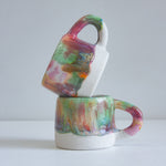 handmade ceramic pink, green, peach and brown mug