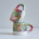 handmade ceramic pink, green, peach and brown mug