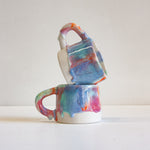 handmade ceramic pink, blue, green and orange mug