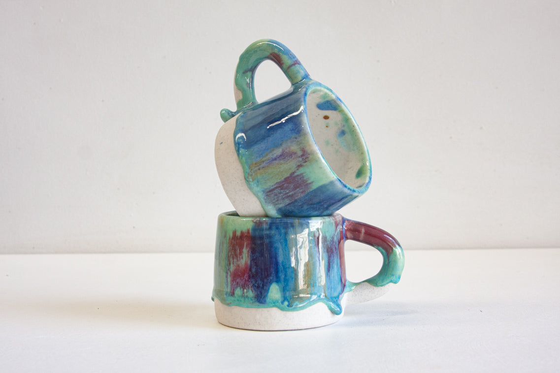 handmade ceramic green, blue and red mug 