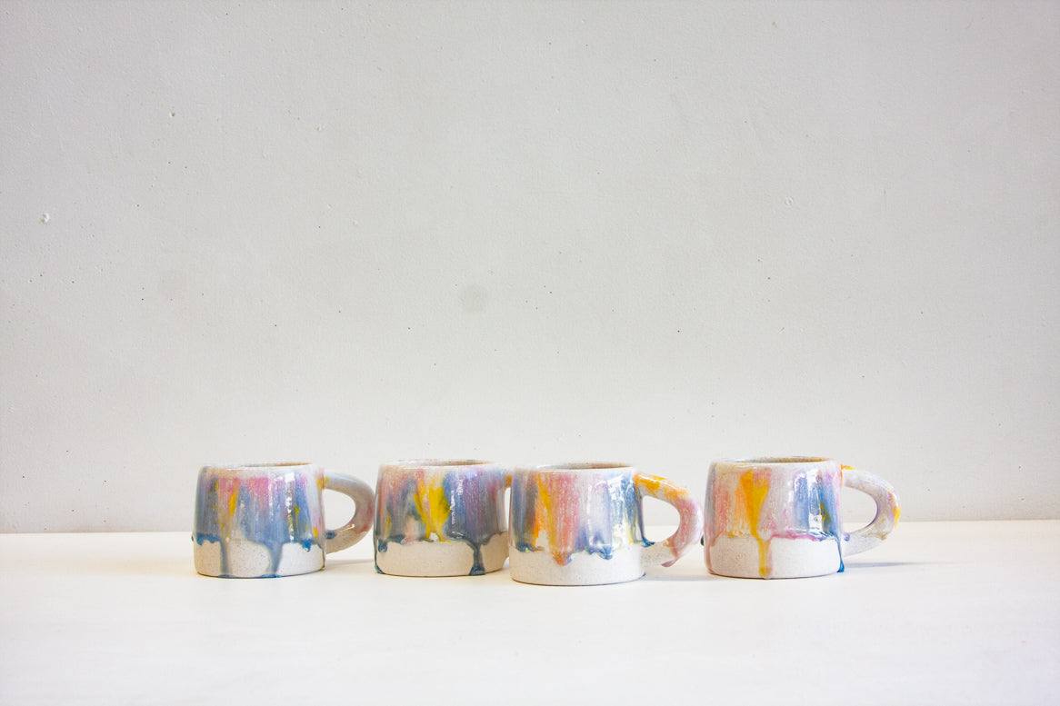 Handmade ceramic yellow, blue, purple and white mug 