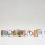 Handmade ceramic yellow, blue, purple and white mug 