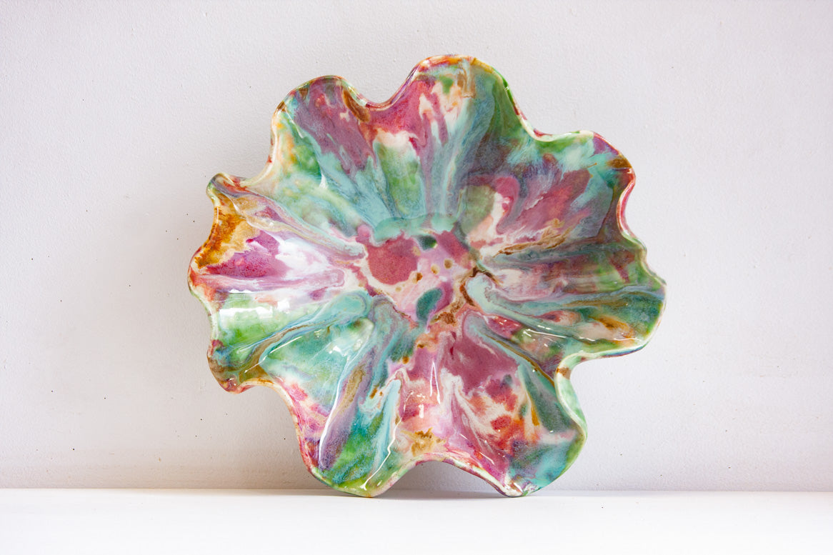 handmade ceramic pink, green, brown, white wavy shaped platter 