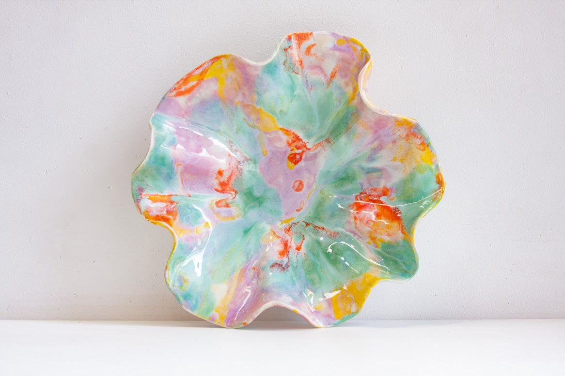 handmade ceramic wavy shaped purple, orange, yellow, green platter