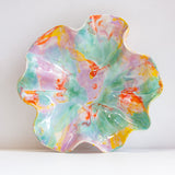 handmade ceramic wavy shaped purple, orange, yellow, green platter