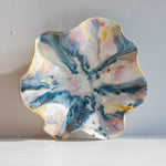 handmade ceramic wavy shaped purple, yellow, peach, blue and white bowl platter