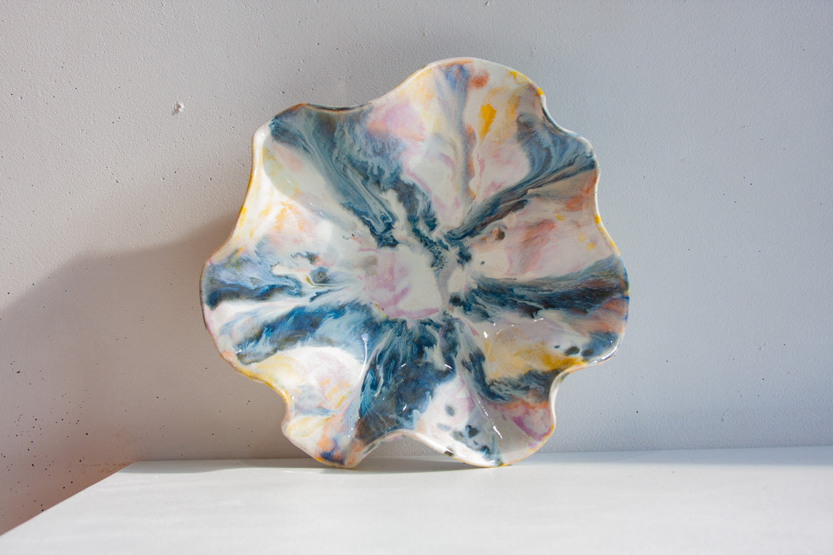 handmade ceramic wavy shaped purple, yellow, peach, blue and white bowl platter