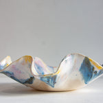 handmade ceramic wavy shaped purple, yellow, peach, blue and white bowl platter