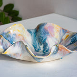 handmade ceramic wavy shaped purple, yellow, peach, blue and white bowl platter