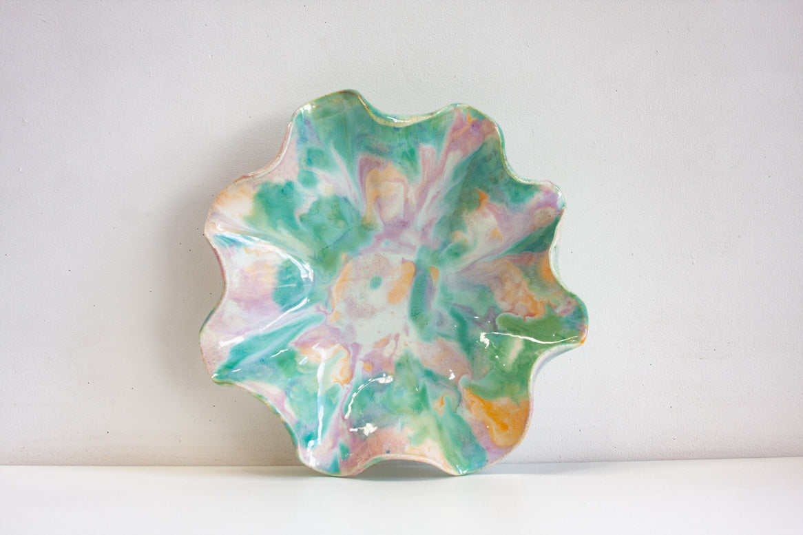 handmade frilly shaped ceramic green, peach and purple platter