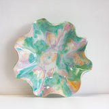 handmade frilly shaped ceramic green, peach and purple platter