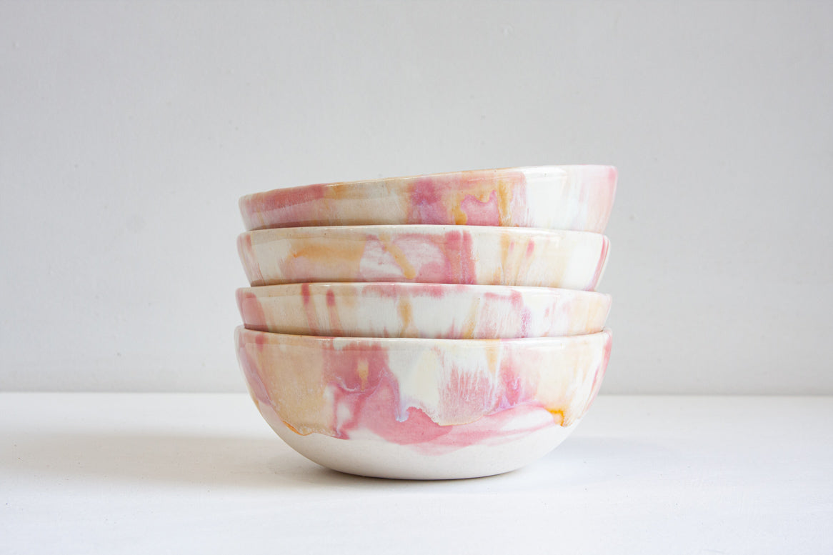 handmade ceramic pink, peach and white pasta bowl