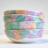 close up of four ceramic handmade pasta bowls