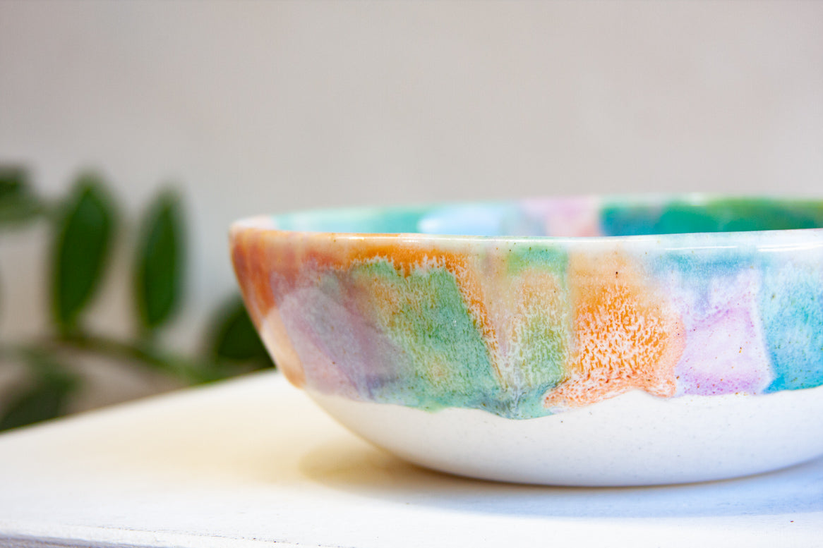close up of glaze details of a handmade ceramic pasta bowl 