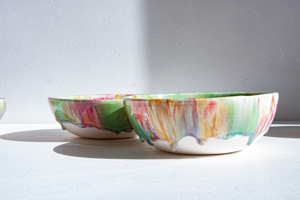 handmade ceramic multicoloured glaze pasta bowls