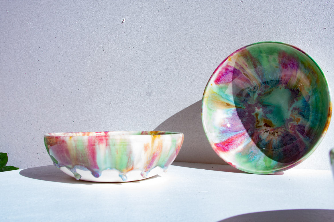handmade ceramic multicoloured glaze pasta bowls