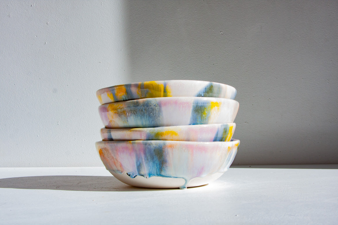 handmade ceramic purple, blue, yellow and peach pasta bowl 