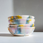 handmade ceramic purple, blue, yellow and peach pasta bowl 
