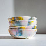 handmade ceramic purple, blue, yellow and peach pasta bowl 