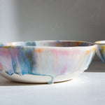 handmade ceramic purple, blue, yellow and peach pasta bowl 