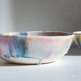 handmade ceramic purple, blue, yellow and peach pasta bowl 