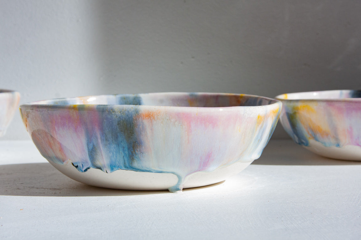 handmade ceramic purple, blue, yellow and peach pasta bowl 