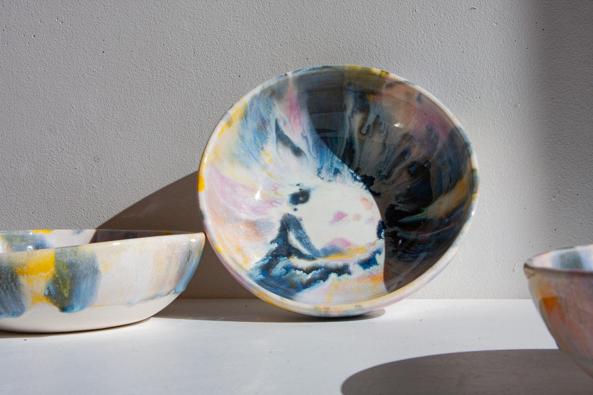 handmade ceramic purple, blue, yellow and peach pasta bowl 