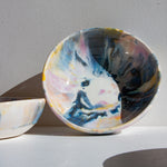 handmade ceramic purple, blue, yellow and peach pasta bowl 